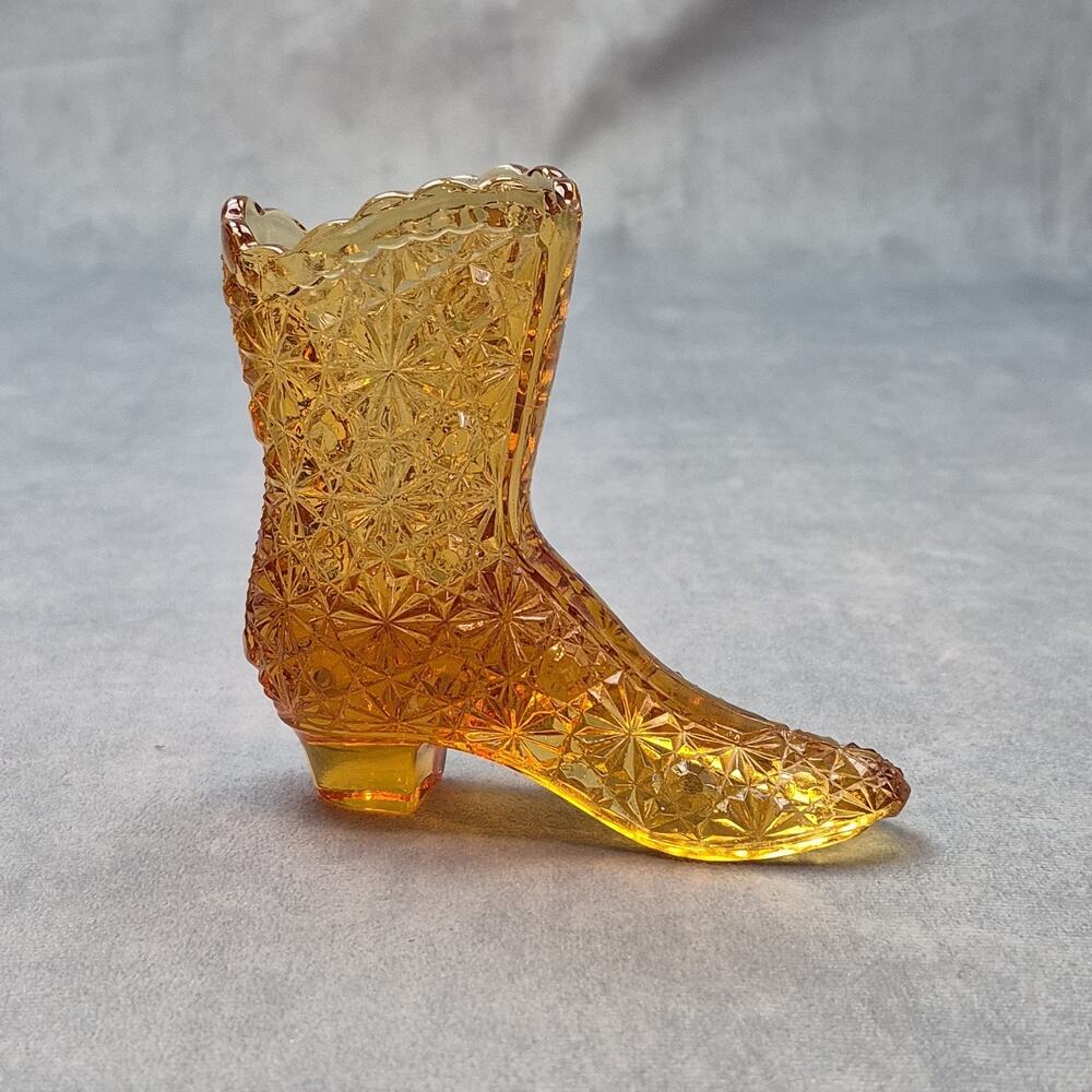 Vintage Fenton Daisy & Button Amber Glass Boot Vase Cowboy Boot Mid Century